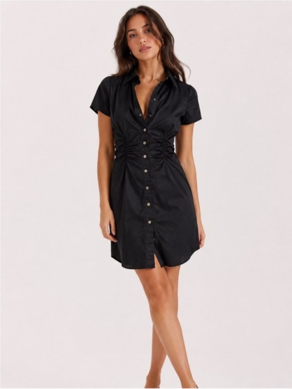 Theory Black Button-Front Shirtdress with Cinched Waist Detail
